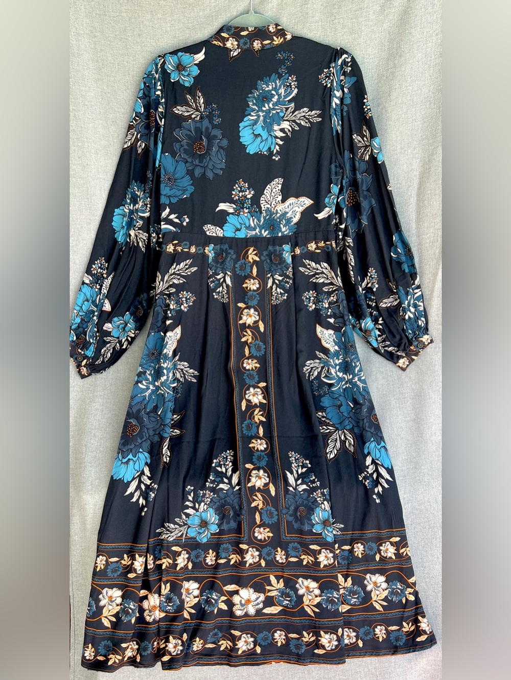 Caroline Constas rayon floral boho long sleeve button down MIDI dress navy - Picture 10 of 16